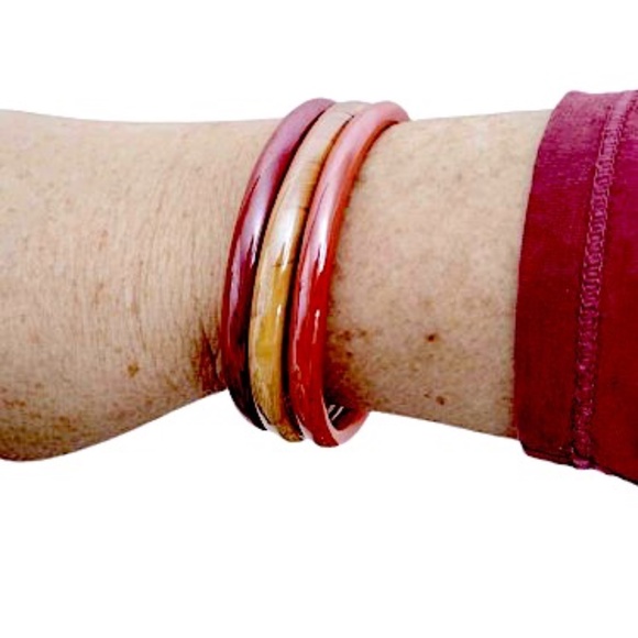 Vintage Solid & Variegated Red Mustard Orange Glass Bangle Bracelets 3 pcs - Picture 3 of 5